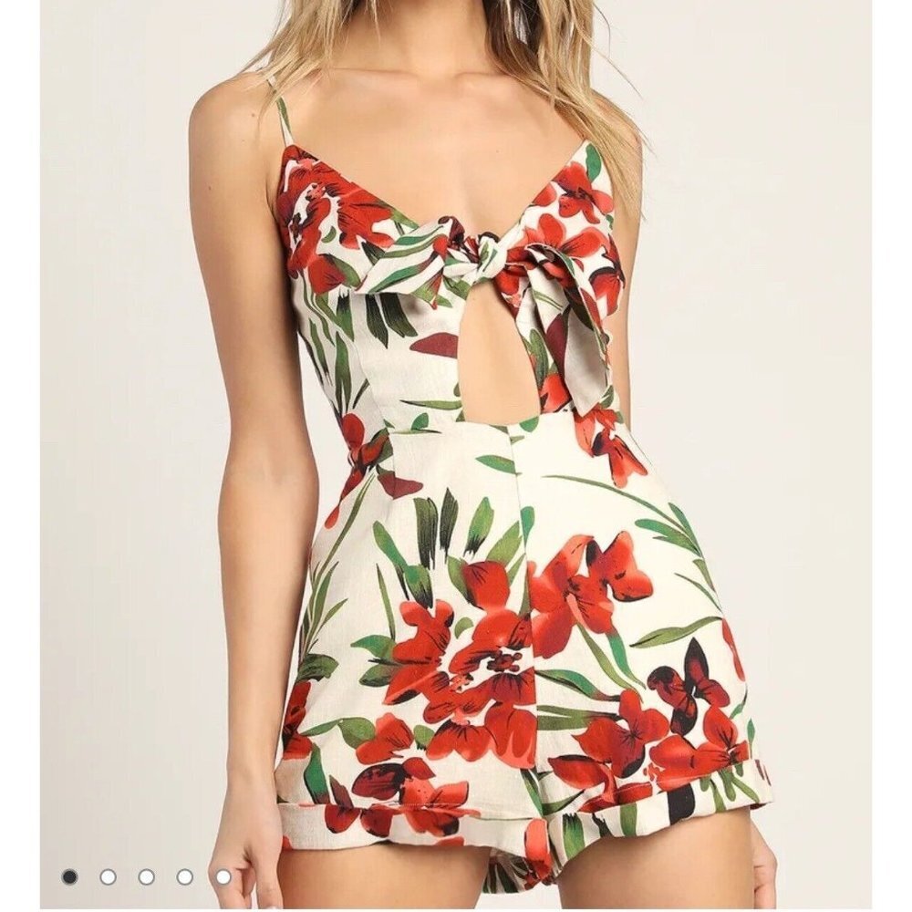Lulu's Floral Tie-Front Jumpsuit in Red and Green